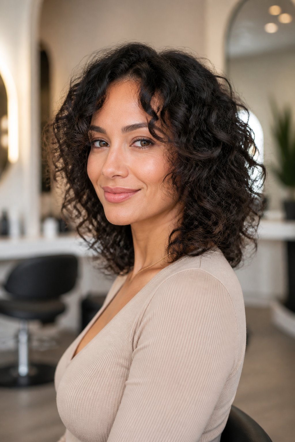 Woman with shoulder-length curly face-framing layers and soft natural movement.