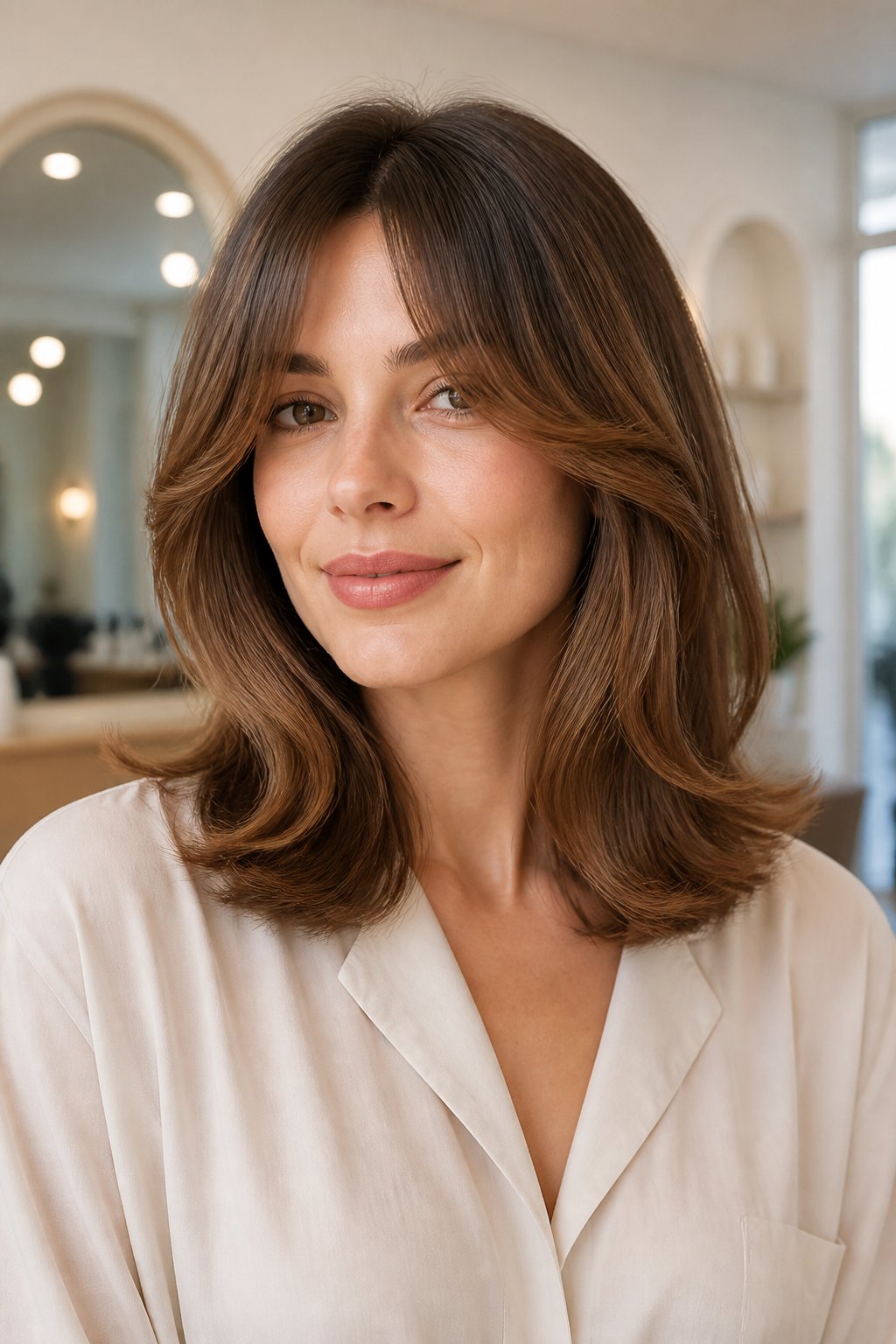 Woman with shoulder-length hair and soft center-parted curtain bangs.