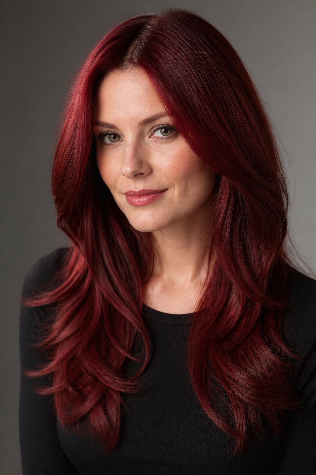 Long layers cut into cherry red hair create built-in movement, which helps the color catch light differently throughout each layer.