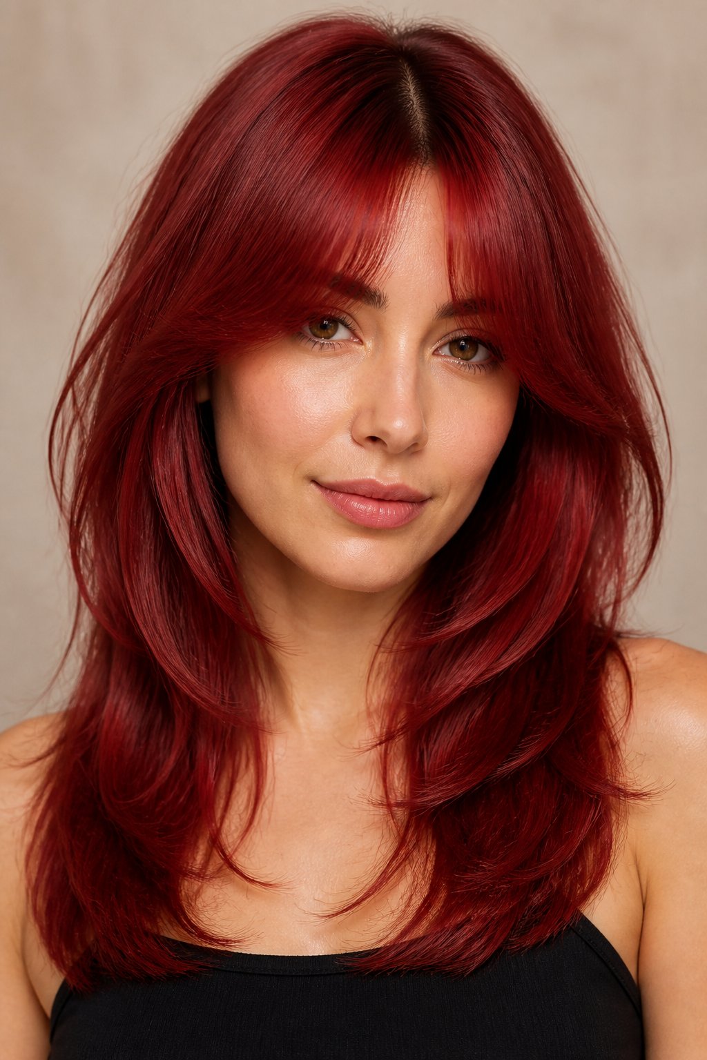 Curtain bangs styled in cherry red frame the face while softening the overall look.