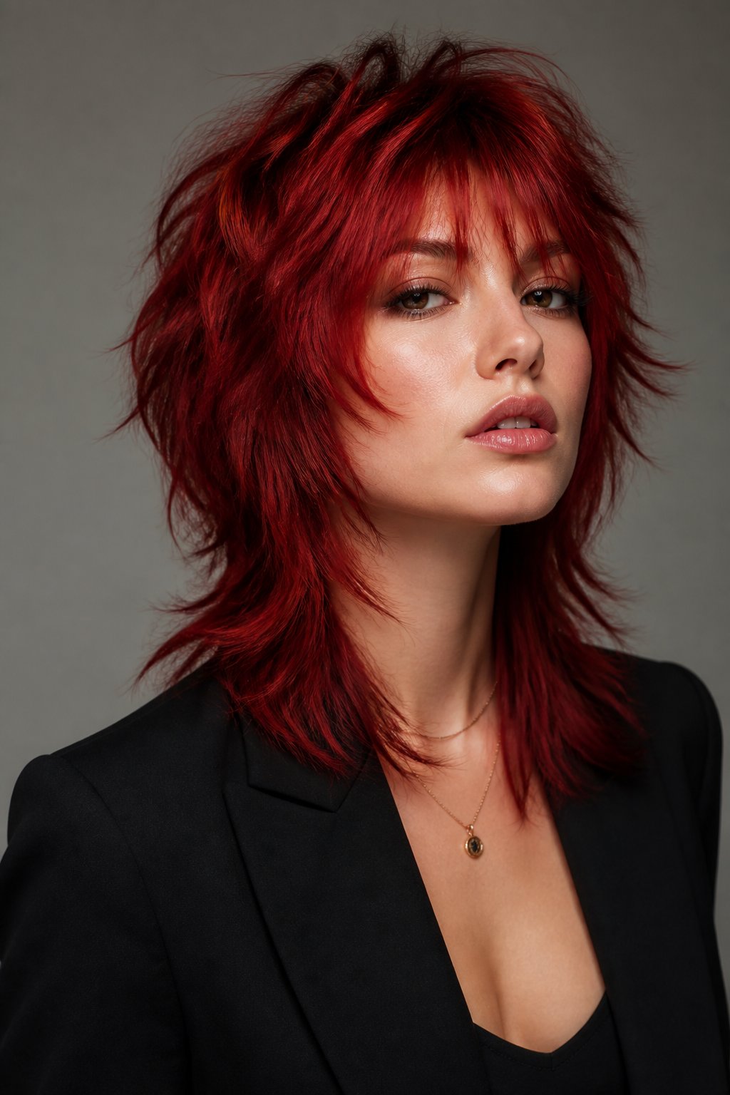 The wolf cut's shaggy, layered texture pairs surprisingly well with cherry red, since the choppy layers create natural highlights and shadows within the same color.