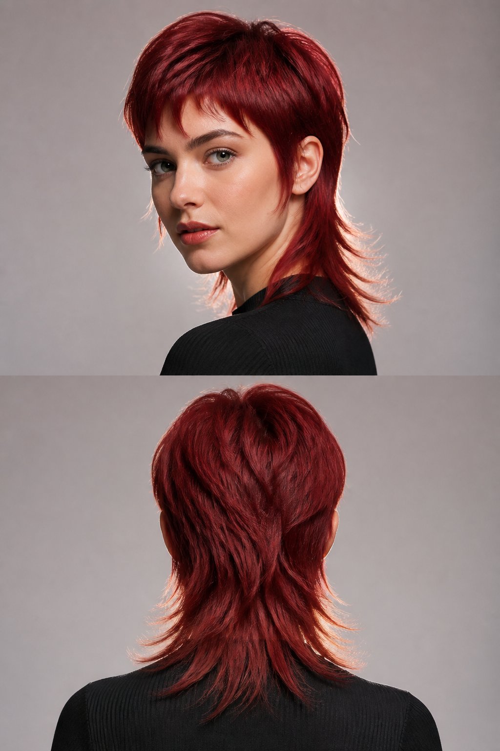 A modern mullet in cherry red leans into contrast, short and structured at the crown with longer, wispier pieces at the back.