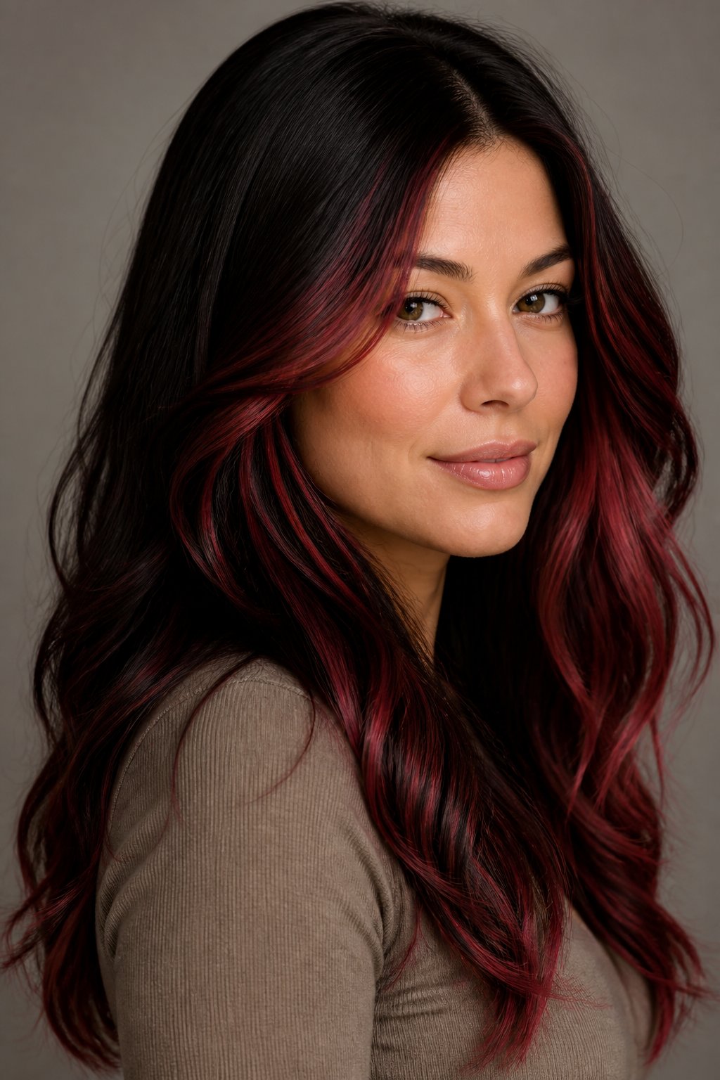 Rather than an overall dye job, cherry red highlights woven through dark brown or black hair add pops of color without overwhelming your natural shade.