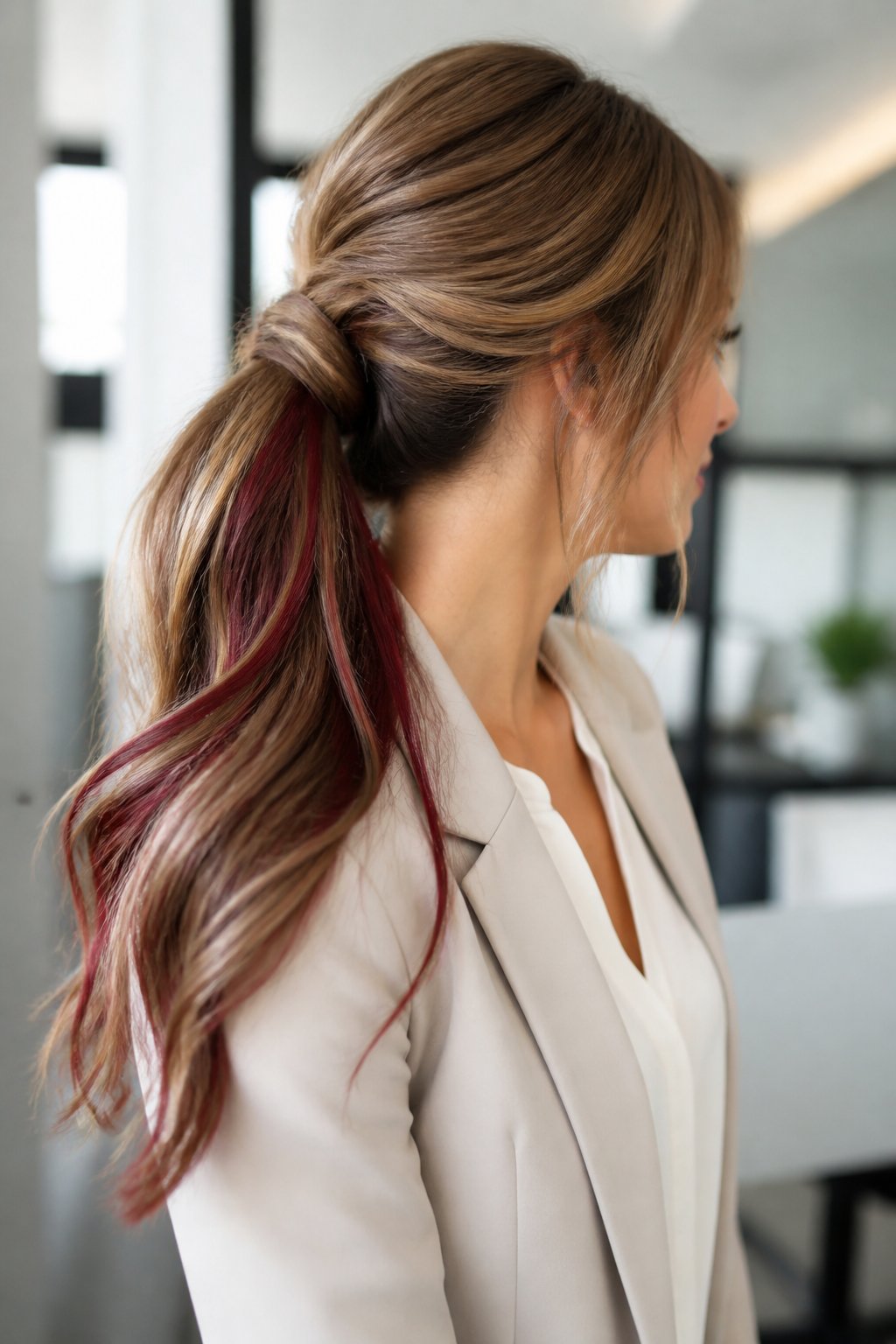 Lowlights work in reverse of highlights, adding cherry red underneath a lighter base color for depth that shows when hair moves or is pulled back.