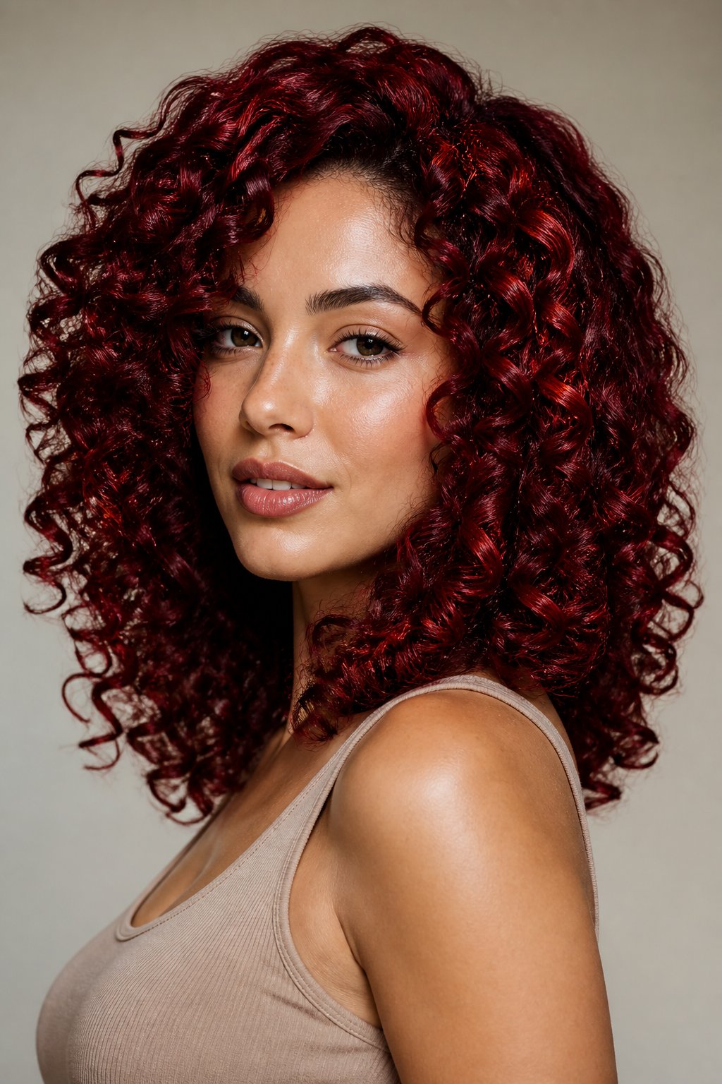 On naturally curly or permed hair, cherry red catches light differently with every curl, creating a multidimensional effect even with a single-process color.
