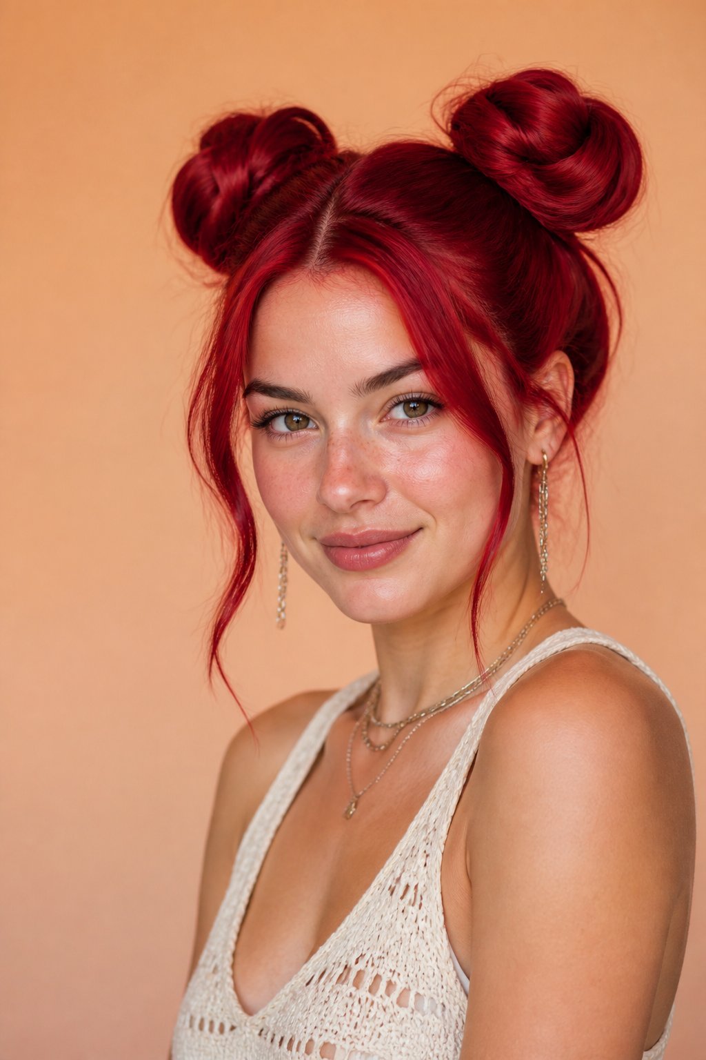This is more of a styling idea than a permanent color placement, but it's worth including because cherry red hair looks especially playful pulled into two space buns.