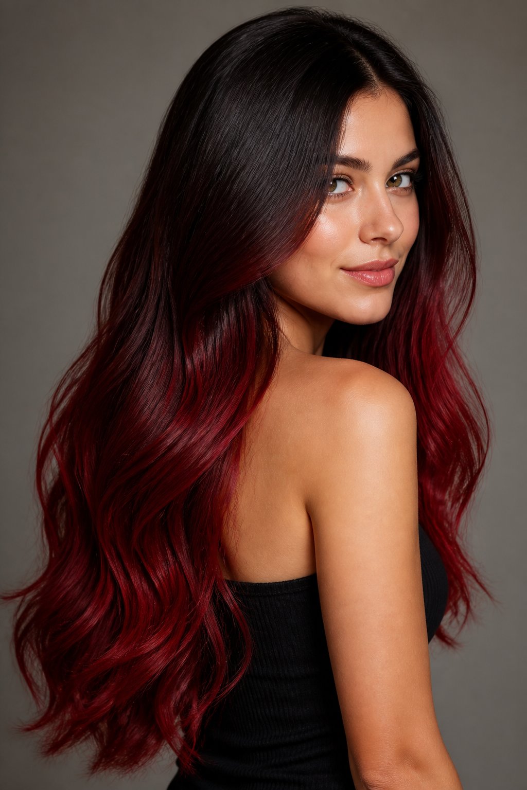 Black cherry ombre starts with deep, near-black roots that gradually melt into a rich cherry red at the ends.