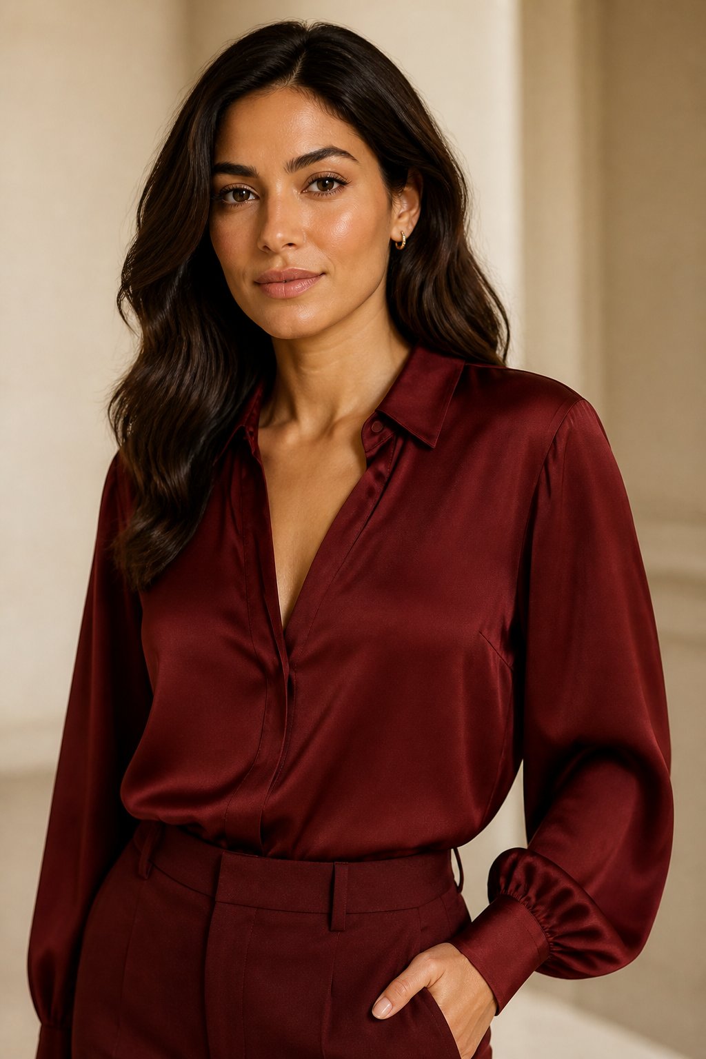 Olive skin tones generally pair well with warmer cherry reds that have a touch more brown or brick undertone.