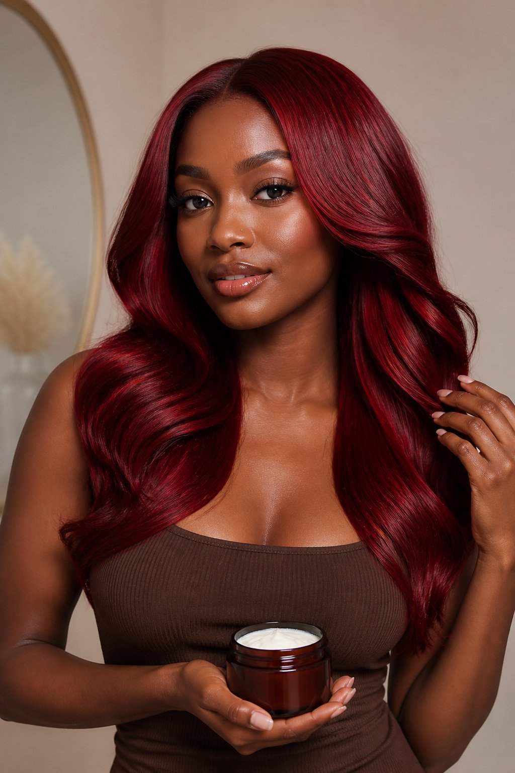 Deep skin tones can carry the boldest, most saturated cherry reds without the color looking washed out.