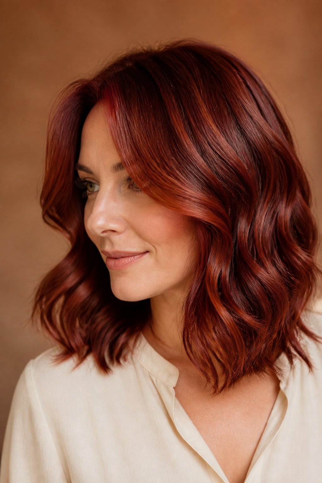 Blending cherry red with copper creates a warmer, almost autumnal version of the classic shade.
