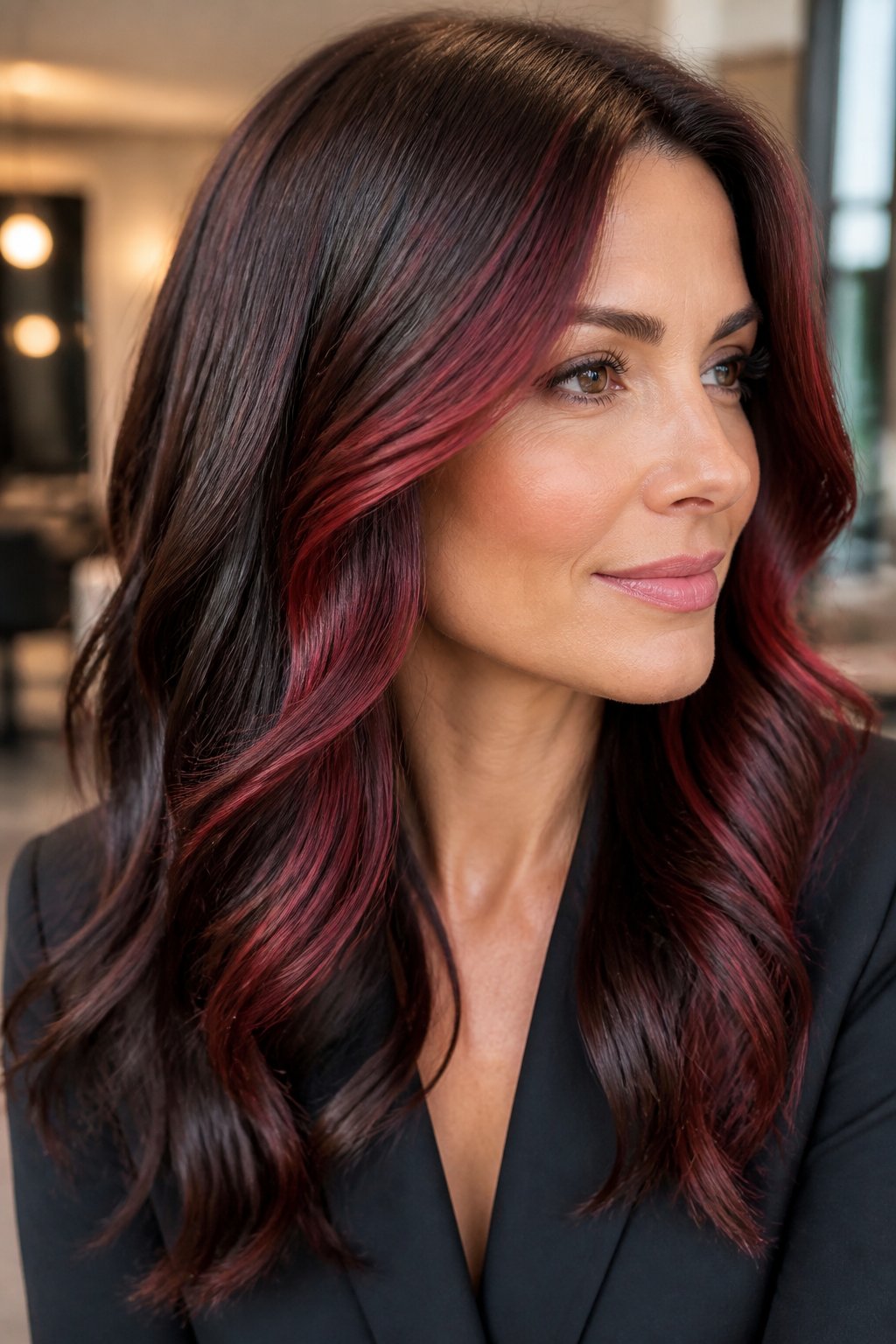 Rather than a full money piece, subtle face-framing highlights in cherry red add brightness right where it draws the most attention — around the eyes and cheekbones.