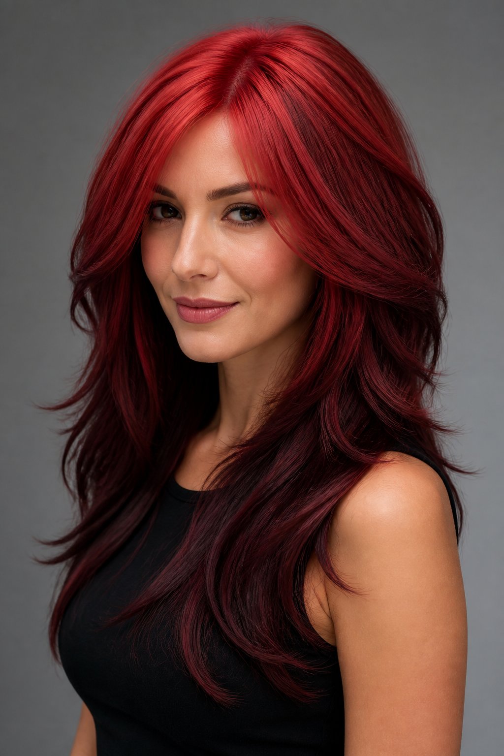 This approach places darker cherry red tones at the ends and lighter, brighter red near the roots, flipping the traditional ombre order.