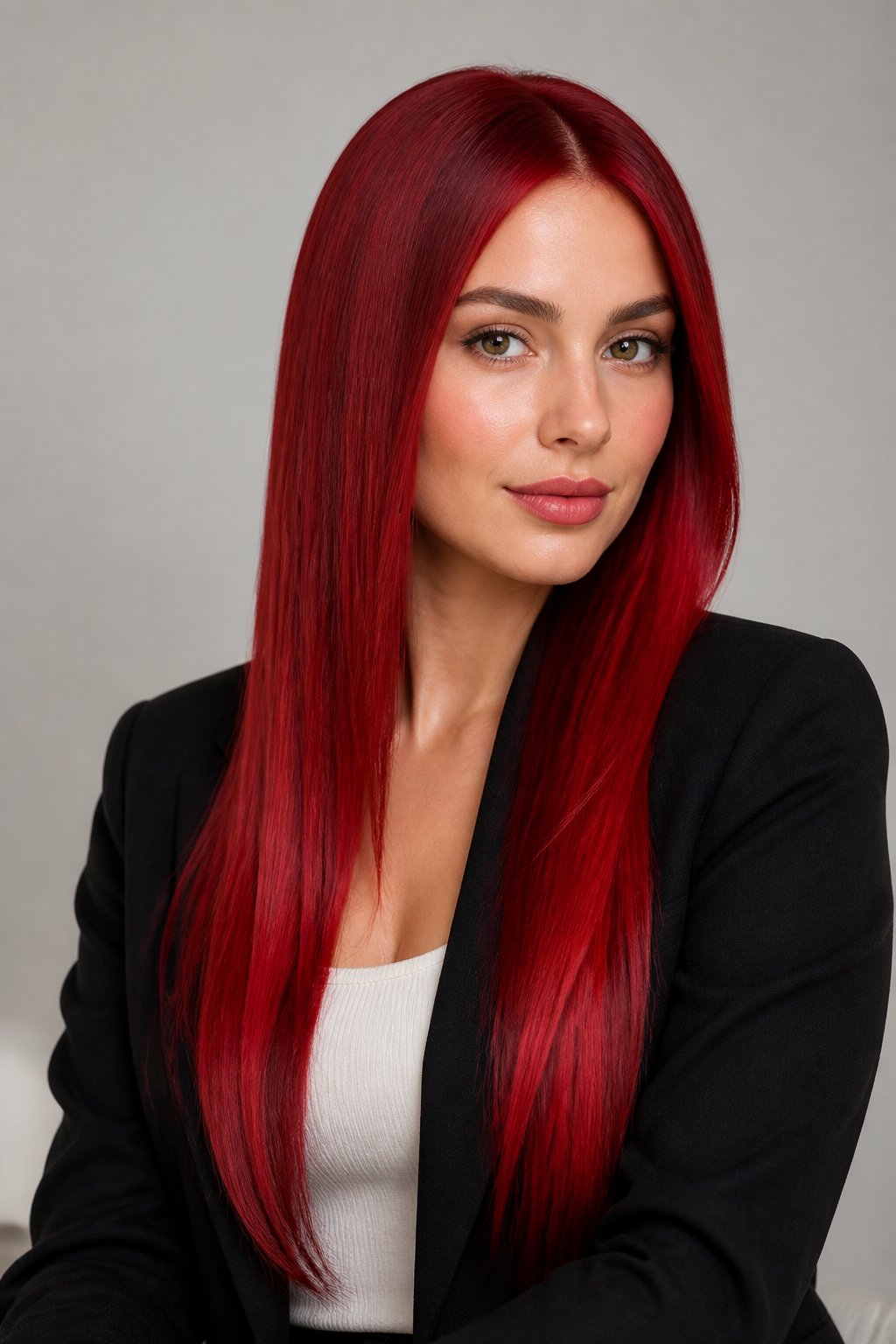 Cherry red on pin-straight hair emphasizes shine and creates an almost lacquered, glass-like finish.