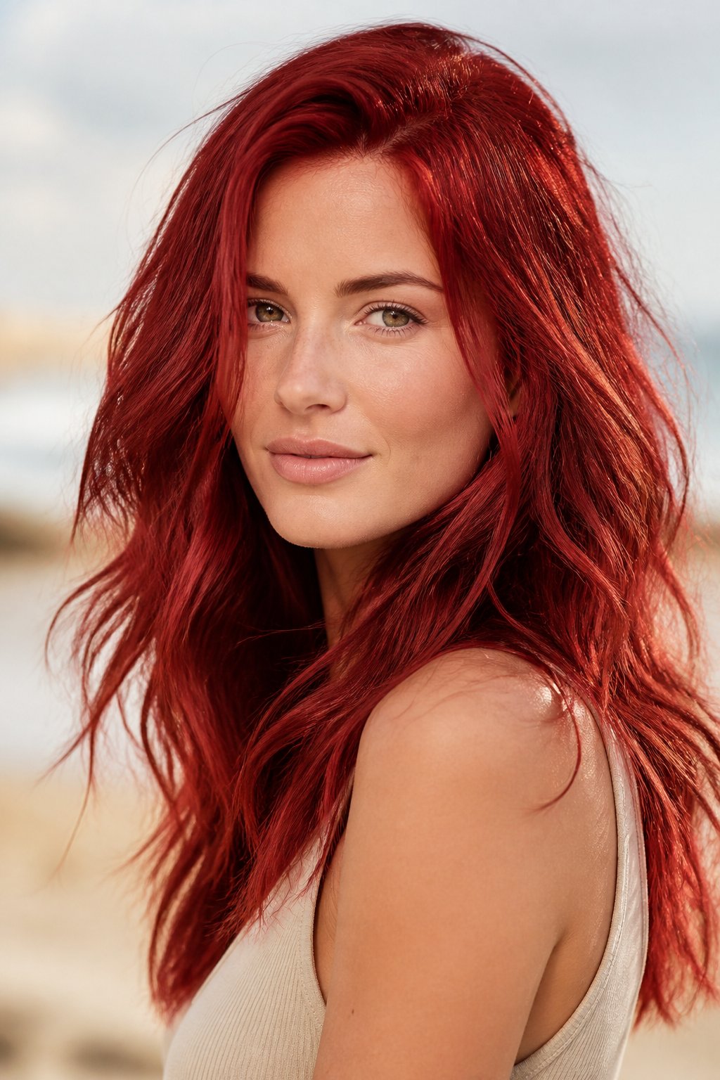 Loose, tousled waves in cherry red give the color a softer, more relaxed feel compared to sleek styles.