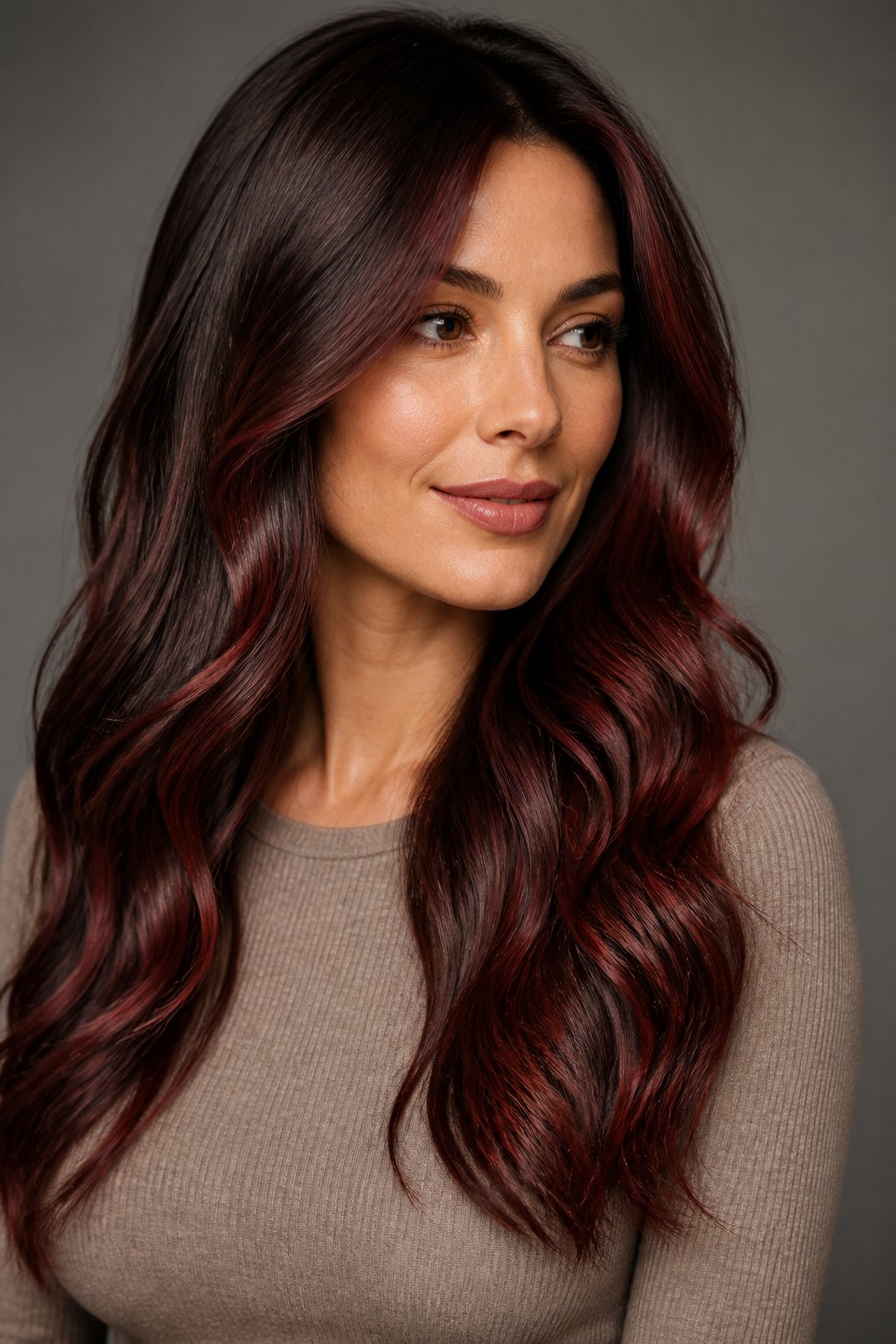 Cherry cola combines warm brown tones with cherry red highlights painted in a hand-swept balayage pattern.