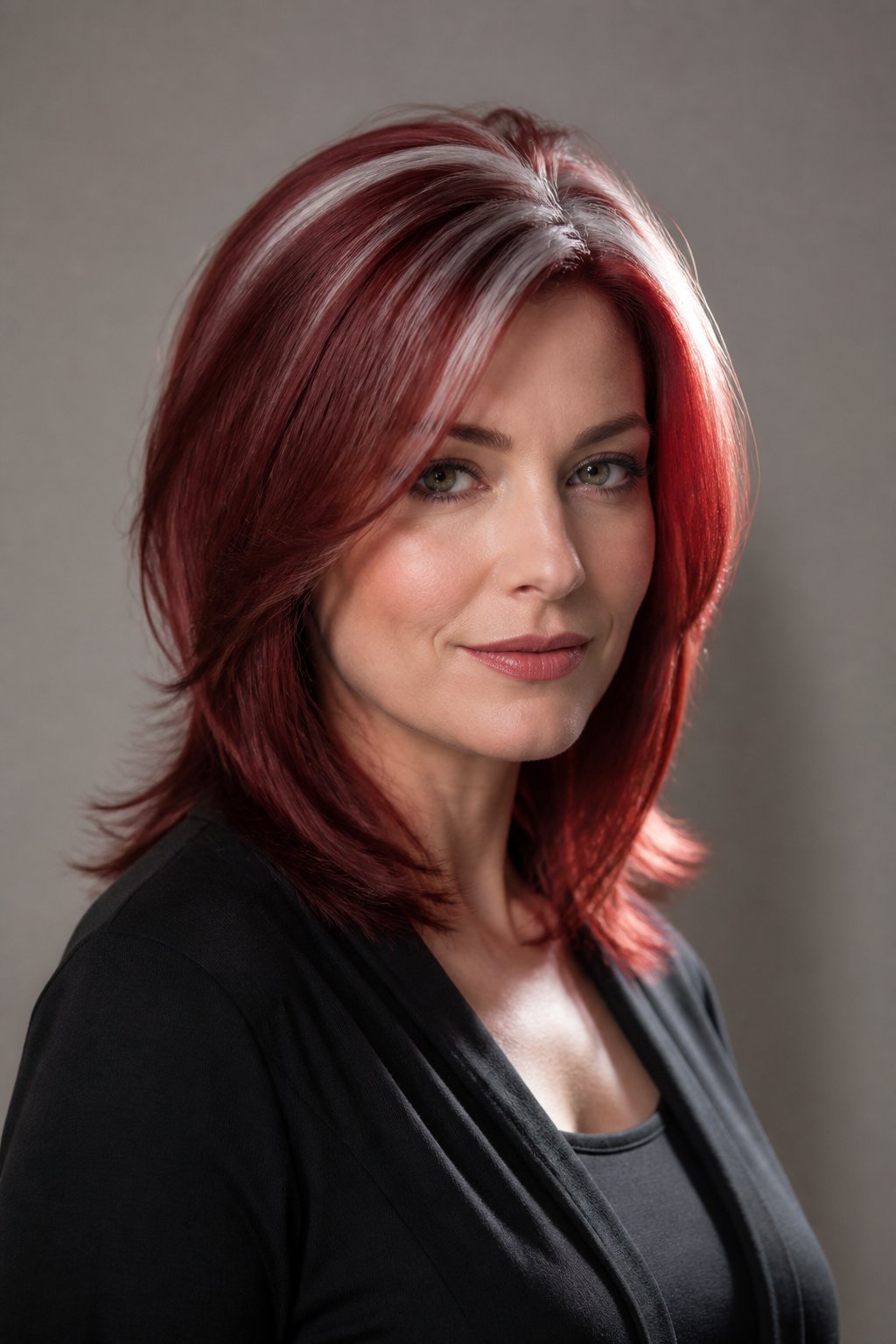 Mixing a few silver or platinum strands into cherry red hair creates a striking, high-contrast look that feels modern and slightly edgy.