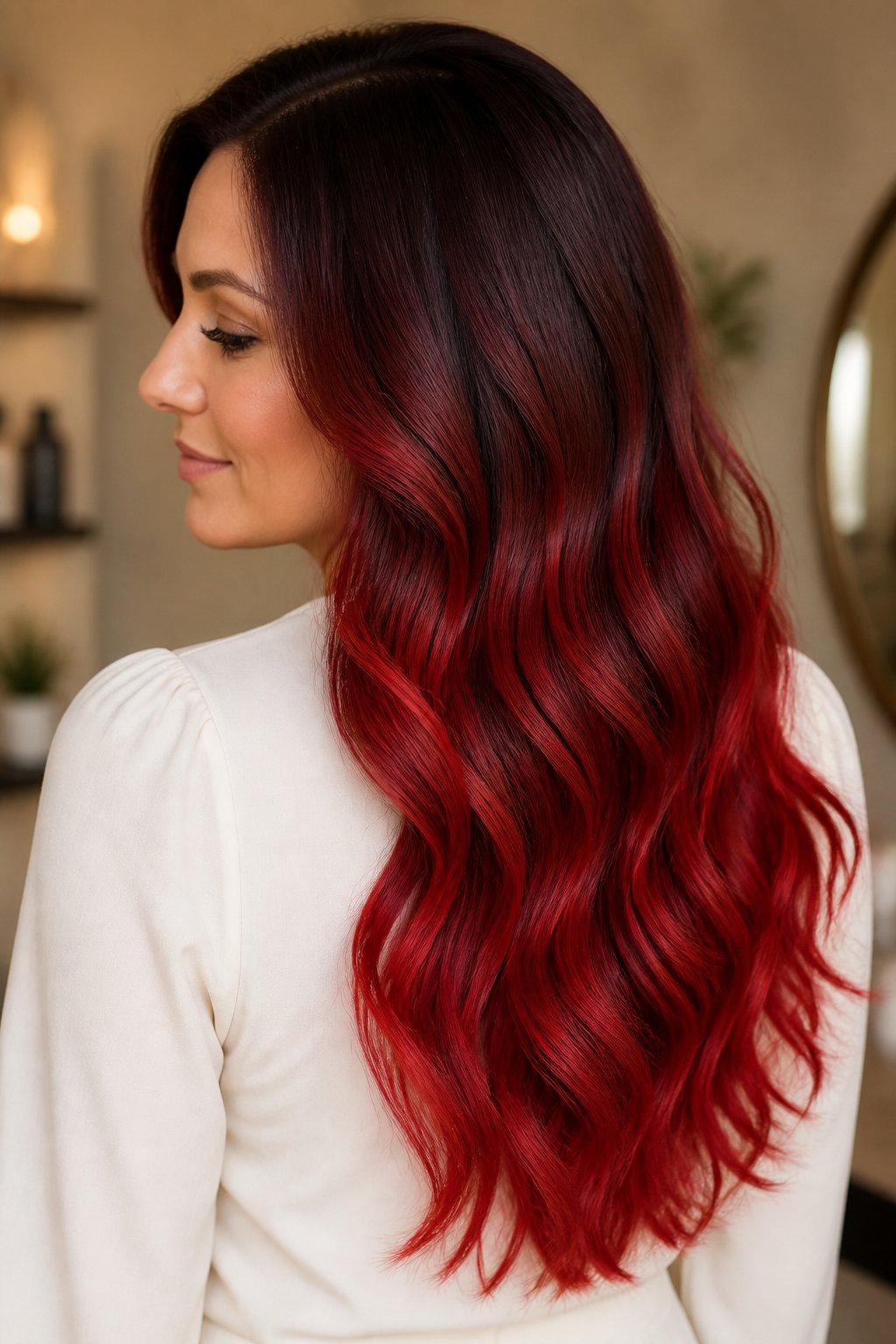 A root melt blends your natural root color into cherry red using a soft, gradual transition rather than a hard line.