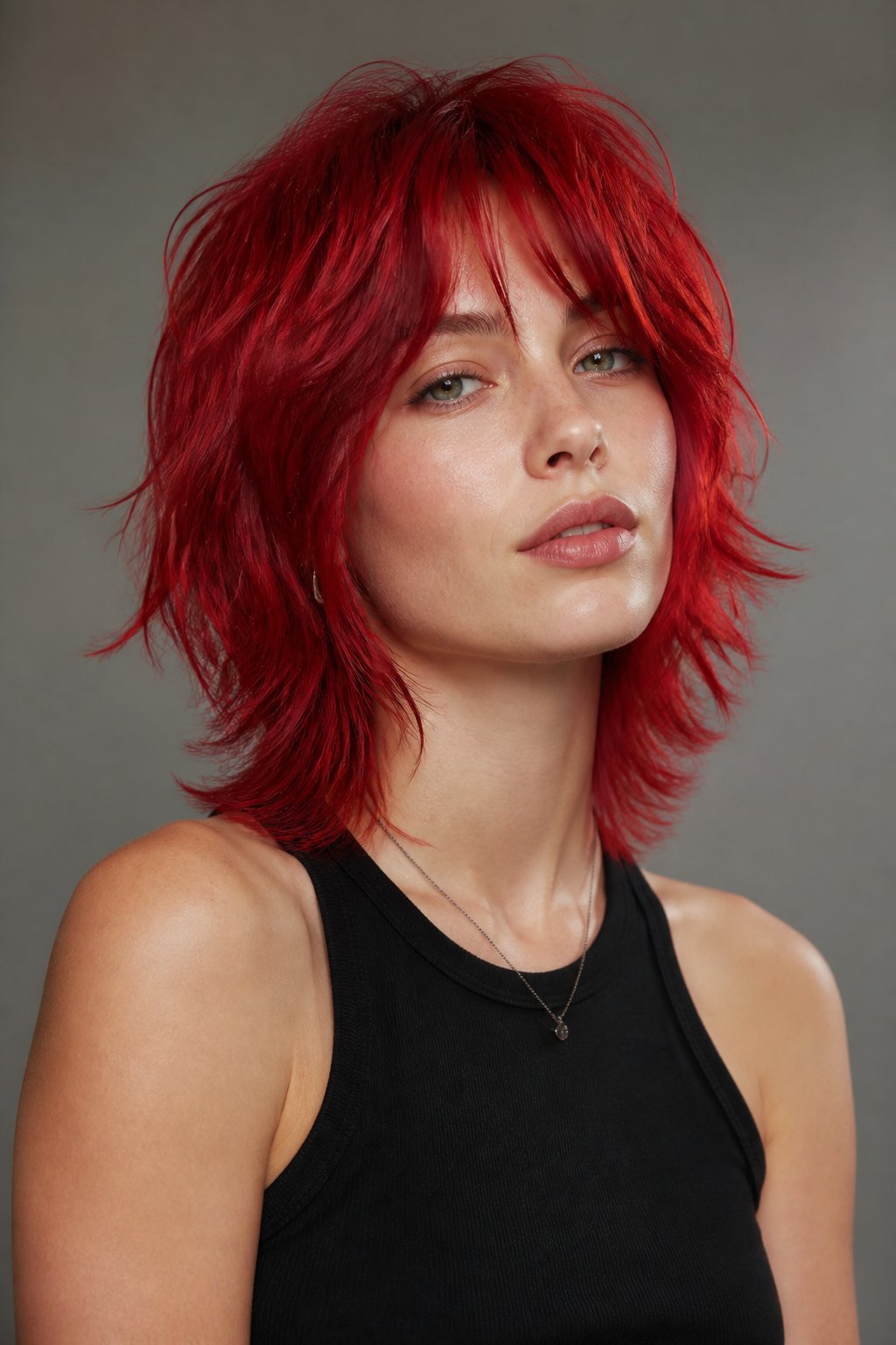 The shag cut's heavy layering and face-framing pieces bring extra texture to cherry red hair, creating a retro-inspired silhouette with a modern color twist.