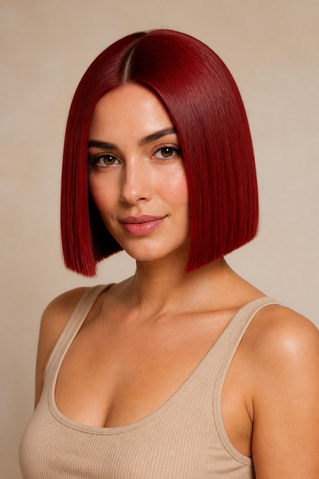 A blunt, chin-length bob in cherry red feels modern and a little edgy.