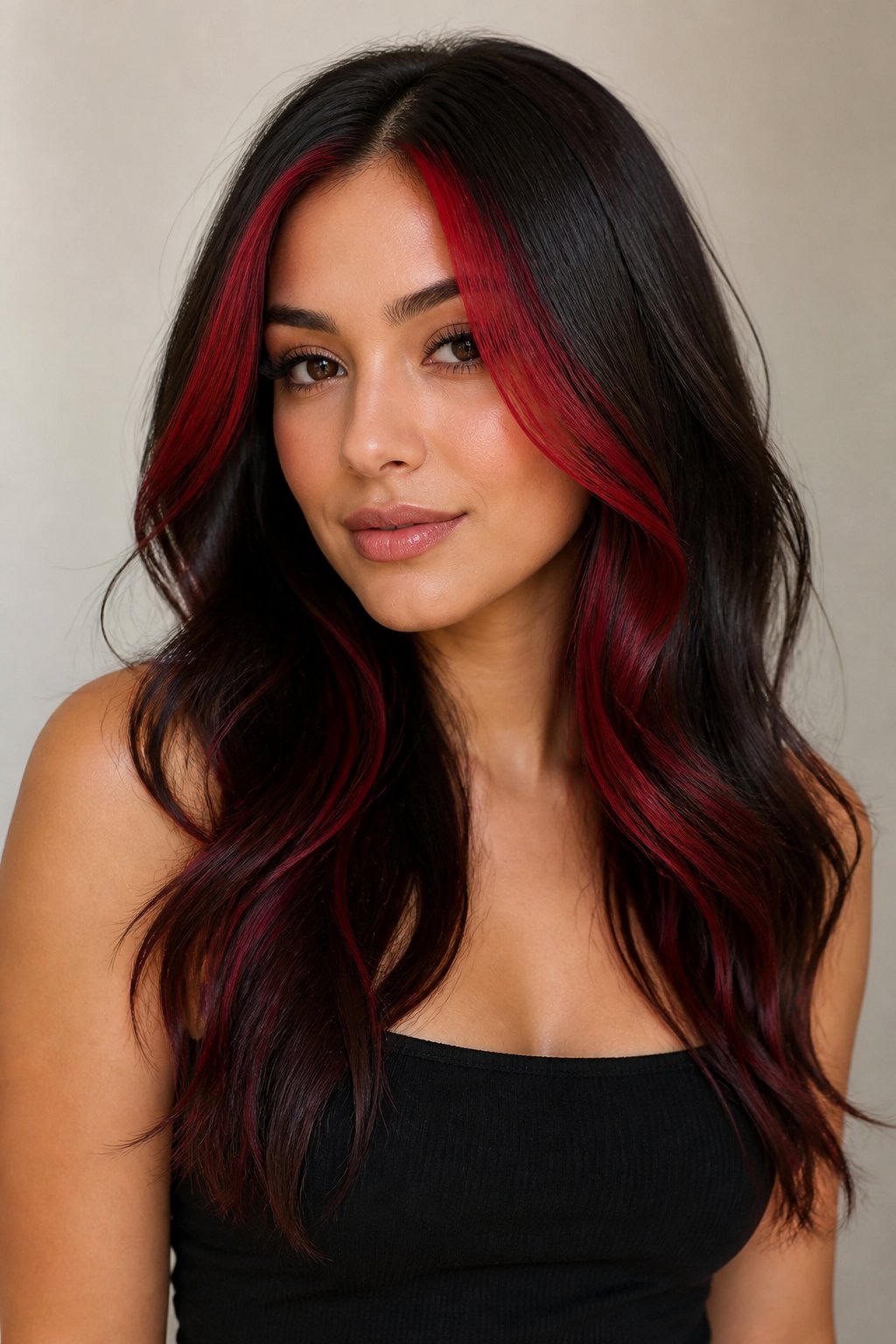 Instead of dyeing the whole head, a money piece frames the face with two bold cherry red money piece and the rest of your natural color stays untouched.