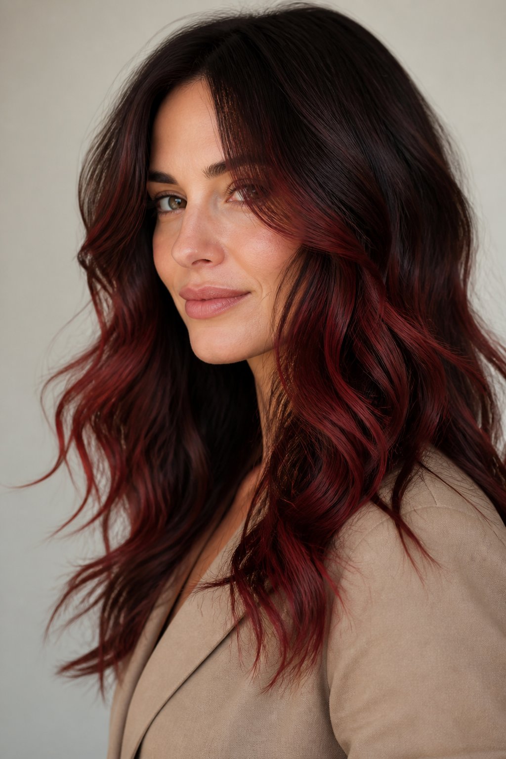Hand-painted cherry red streaks layered over a brunette base give a sun-kissed, dimensional look rather than a flat block of color.