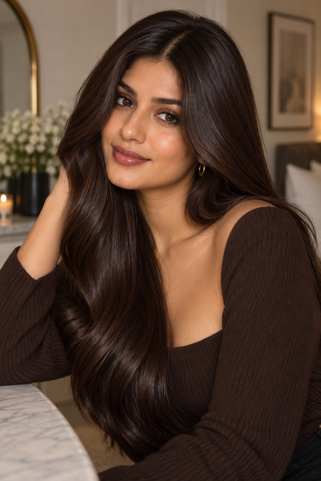 This is chocolate brown in its purest form — a single, saturated shade with no visible highlights, just high shine.