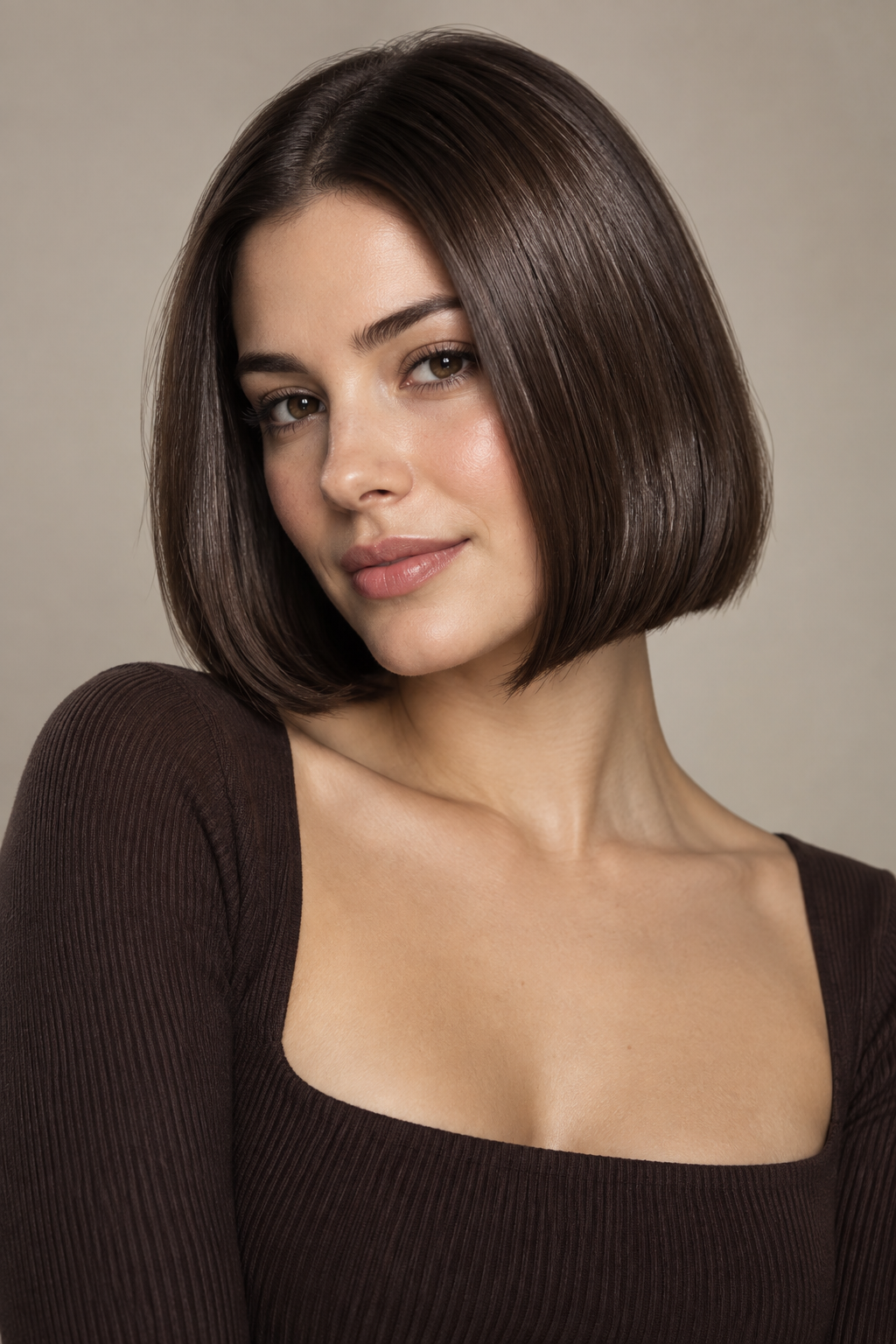 A blunt or slightly rounded bob in dark chocolate brown gives the color maximum impact, since the shorter length means every inch of hair reflects light evenly.
