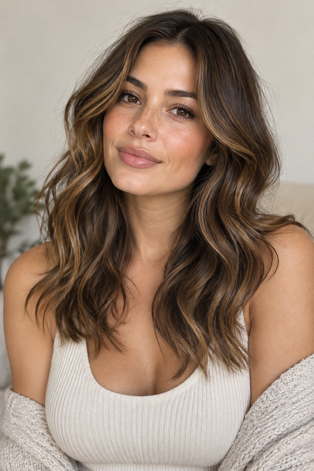 Loose waves paired with subtly placed caramel accents create a relaxed, effortless brunette look that feels less structured than balayage but still offers dimension.