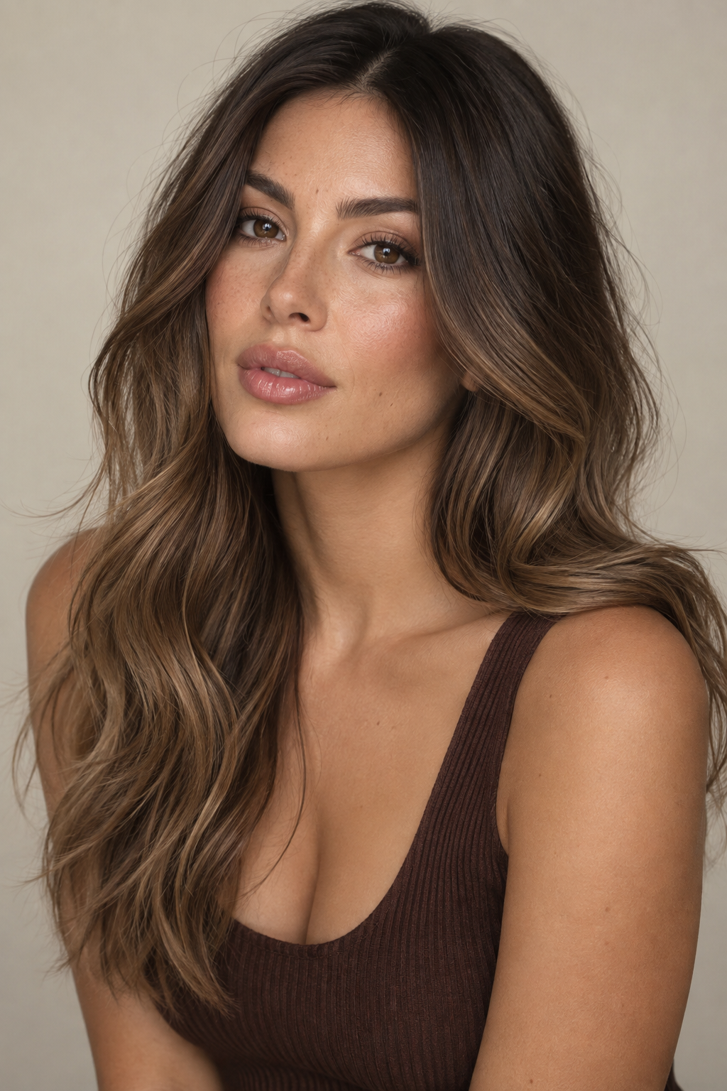 A root melt blends a darker natural root seamlessly into a lighter chocolate brown through the mid-lengths.