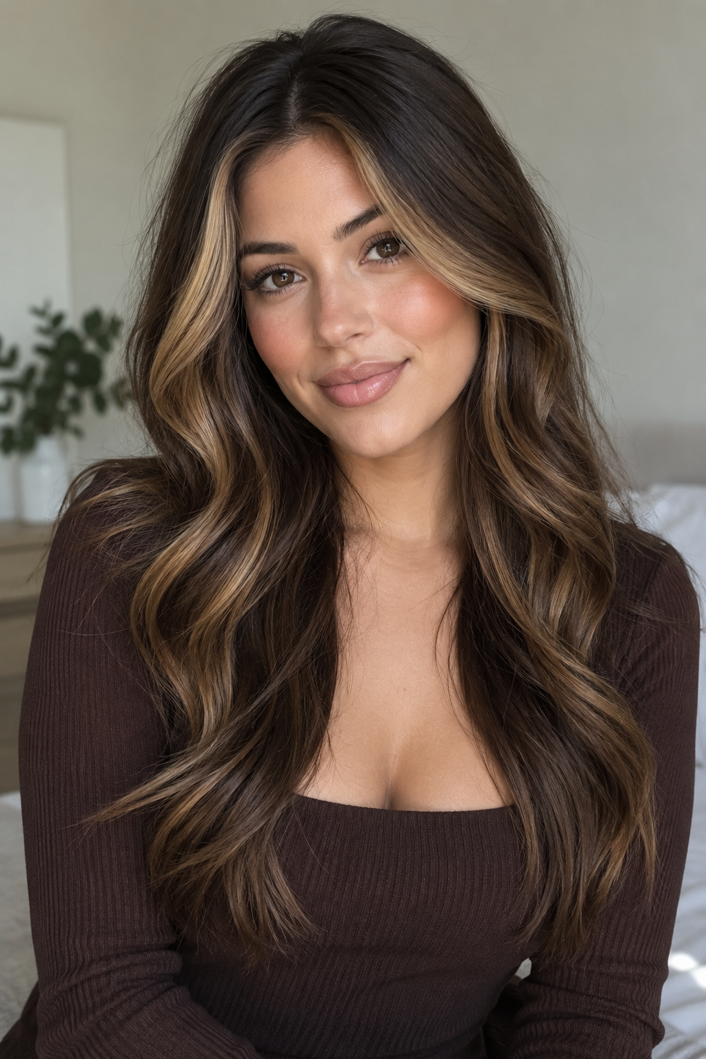 Rather than a single money piece, this look uses two or three lightened pieces around the face, framing it symmetrically on both sides.