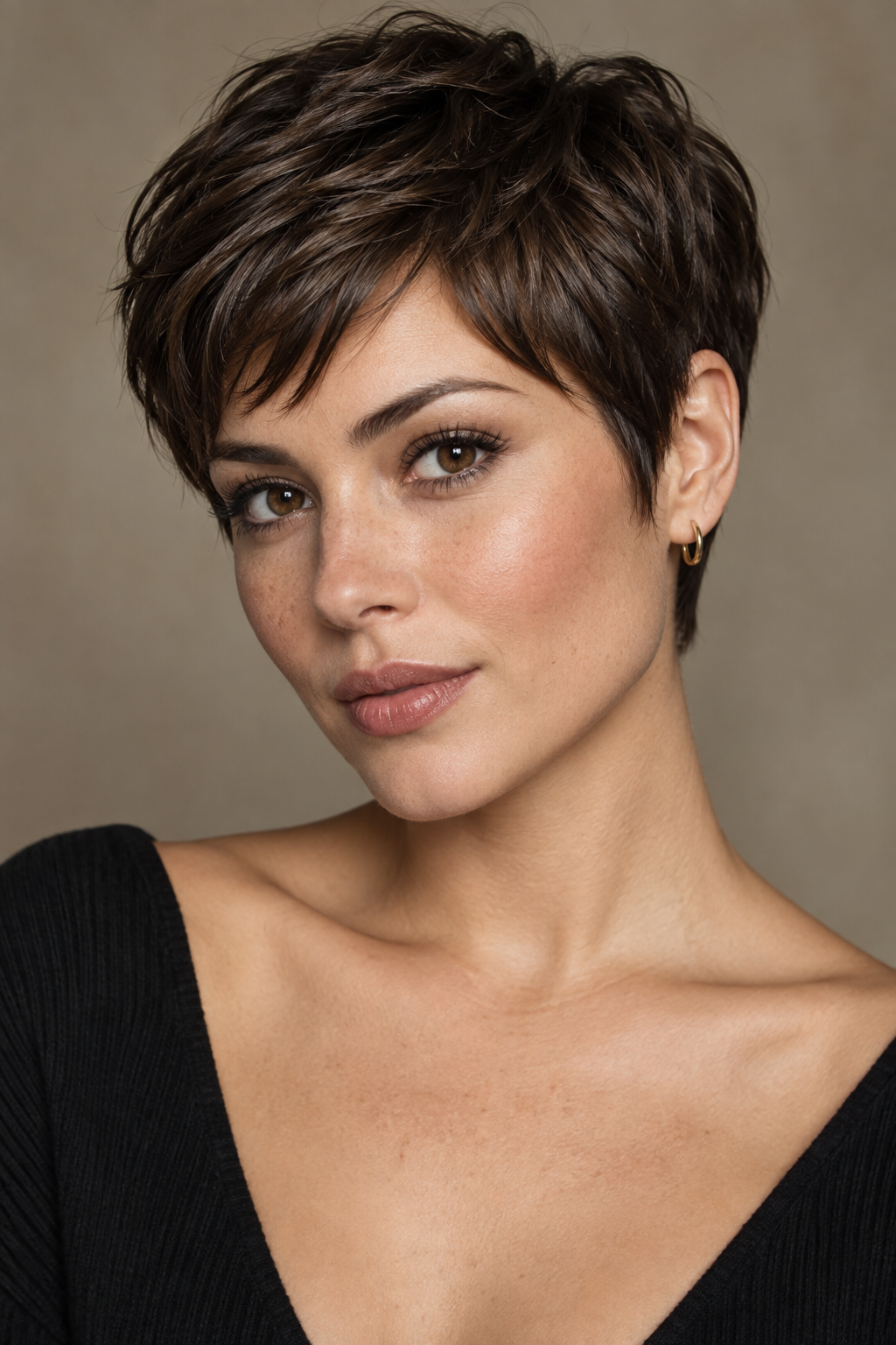 On very short hair, dark chocolate brown works as a bold, graphic statement, since there's little length to soften the color's intensity.